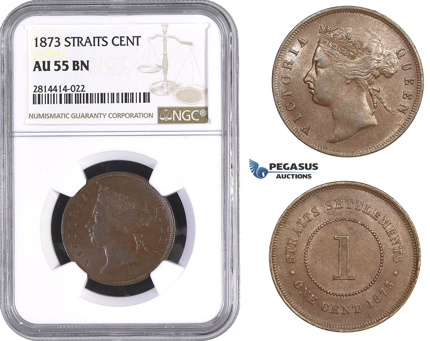 AA571, Straits Settlements, Victoria, 1 Cent 1873, NGC AU55BN
