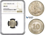 AA578, Straits Settlements, George V, 10 Cent 1927, Silver, NGC MS63