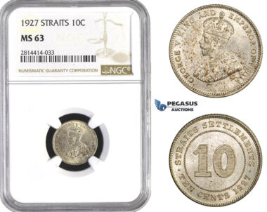 AA578, Straits Settlements, George V, 10 Cent 1927, Silver, NGC MS63