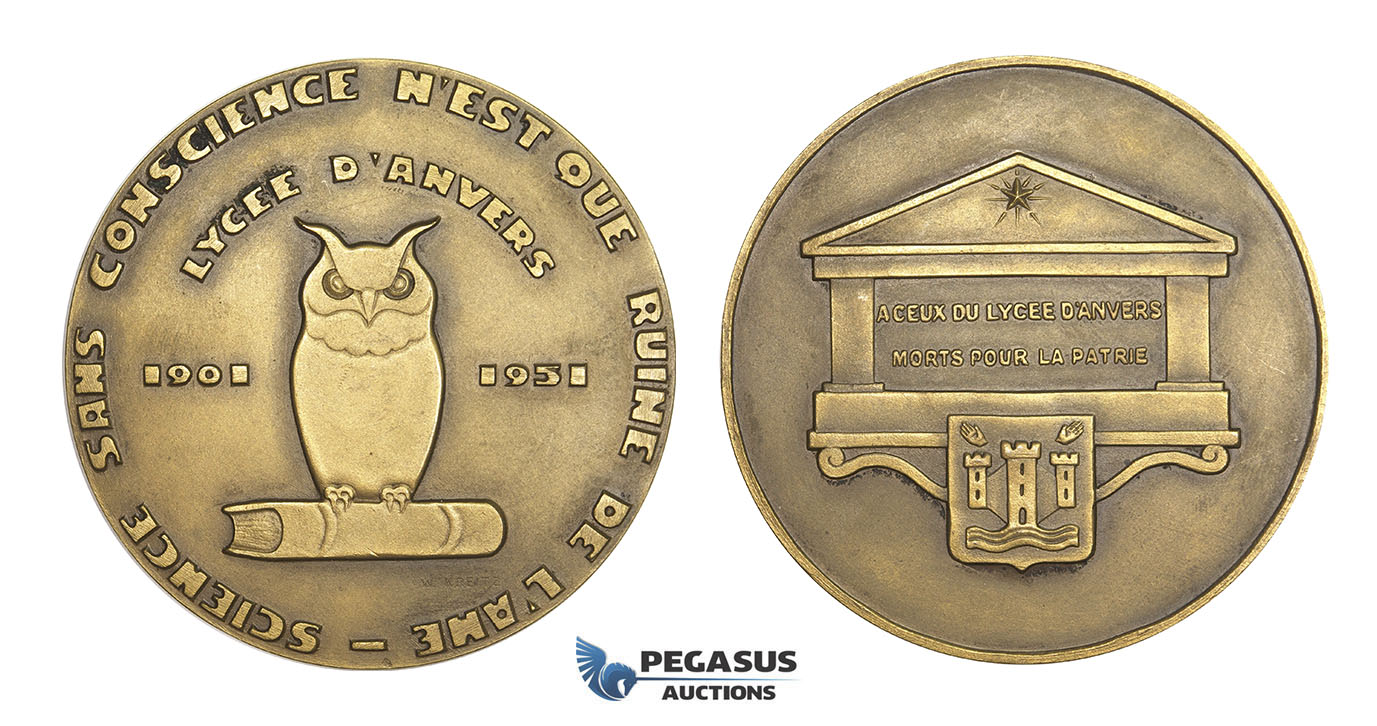 AA586, Belgium, Bronze Medal 1951 (Ø70mm, 112.7g) Antwerp Highschool, Owl