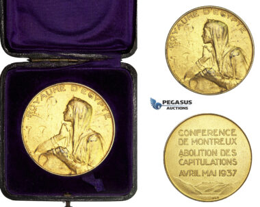AA591, Egypt, Silver Gilt Medal 1937 (Ø50mm, 50.4g) by Huguenin, Montreaux Conference, Abolition of Capitulations