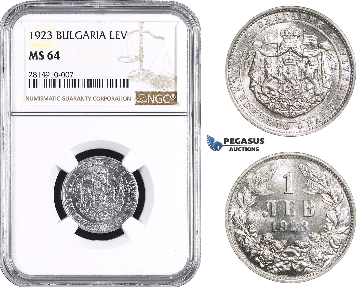 AA643, Bulgaria, Boris III, 1 Lev 1923, NGC MS64