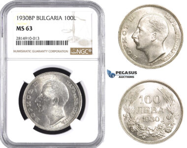 AA648, Bulgaria, Boris III, 100 Leva 1930 BP, Budapest, Silver, NGC MS63