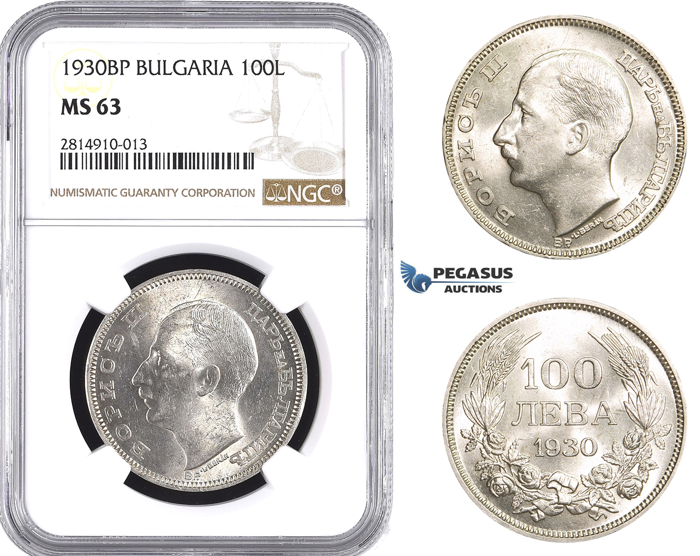 AA648, Bulgaria, Boris III, 100 Leva 1930 BP, Budapest, Silver, NGC MS63