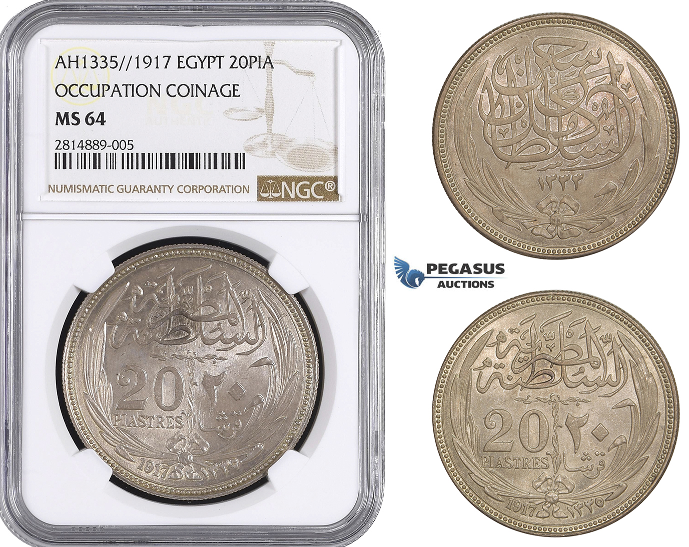 AA661, Egypt (Occupation Coinage) 20 Piastres AH1335 (1917) Silver, NGC MS64 (Undergraded)