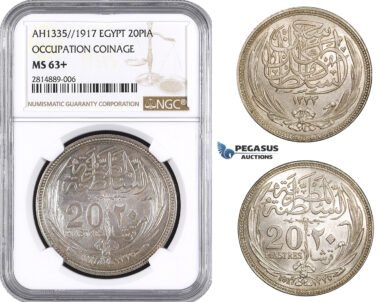 AA662, Egypt (Occupation Coinage) 20 Piastres AH1335 (1917) Silver, NGC MS63+