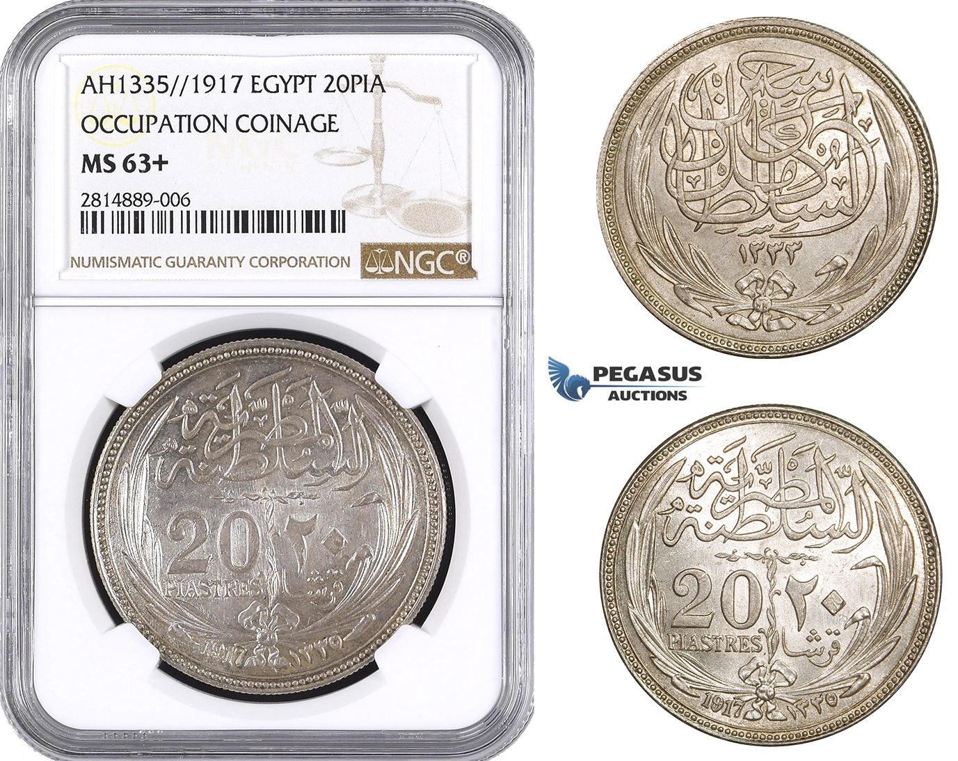 AA662, Egypt (Occupation Coinage) 20 Piastres AH1335 (1917) Silver, NGC MS63+