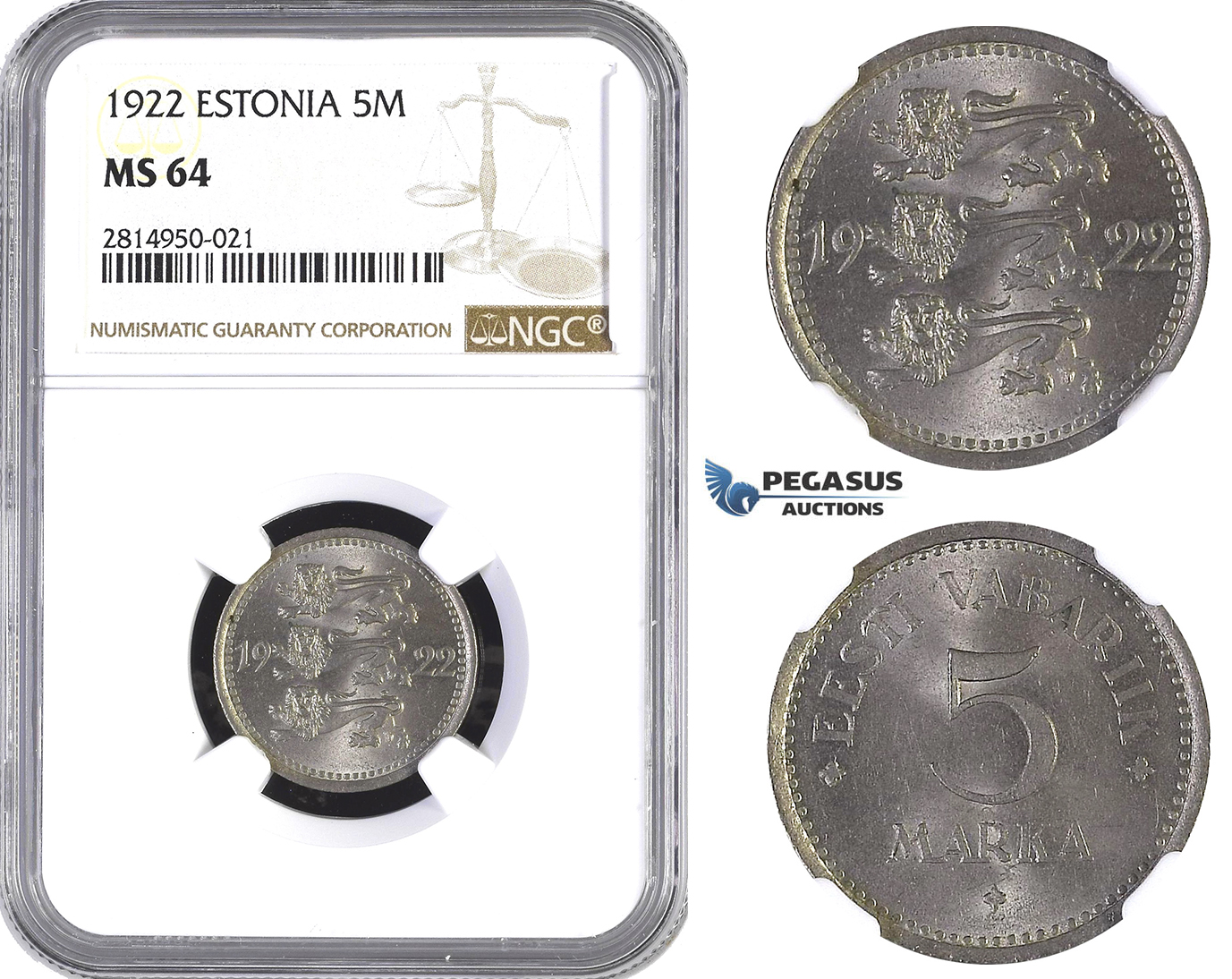 AA665, Estonia, 5 Marka 1922, NGC MS64