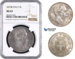 AA690, Italy, Umberto I, 5 Lire 1879-R, Rome, Silver, NGC MS63