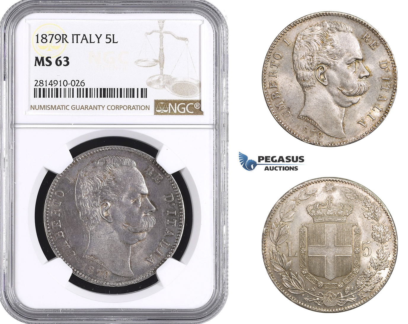 AA690, Italy, Umberto I, 5 Lire 1879-R, Rome, Silver, NGC MS63