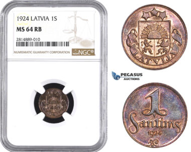AA692, Latvia, 1 Santims 1924, NGC MS64RB