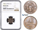 AA693, Latvia, 1 Santims 1932, NGC MS66BN, Pop 1/0