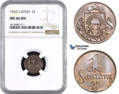 AA693, Latvia, 1 Santims 1932, NGC MS66BN, Pop 1/0