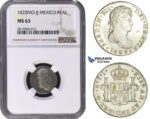 AA697, Mexico, Ferdinand VII, 1 Real 1820 Mo JJ, Mexico City, Silver, NGC MS63