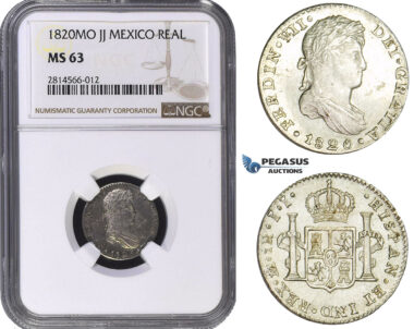 AA697, Mexico, Ferdinand VII, 1 Real 1820 Mo JJ, Mexico City, Silver, NGC MS63
