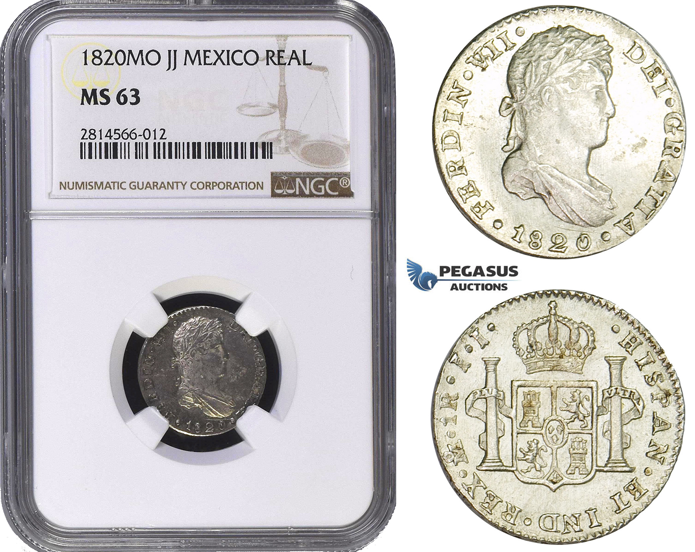 AA697, Mexico, Ferdinand VII, 1 Real 1820 Mo JJ, Mexico City, Silver, NGC MS63
