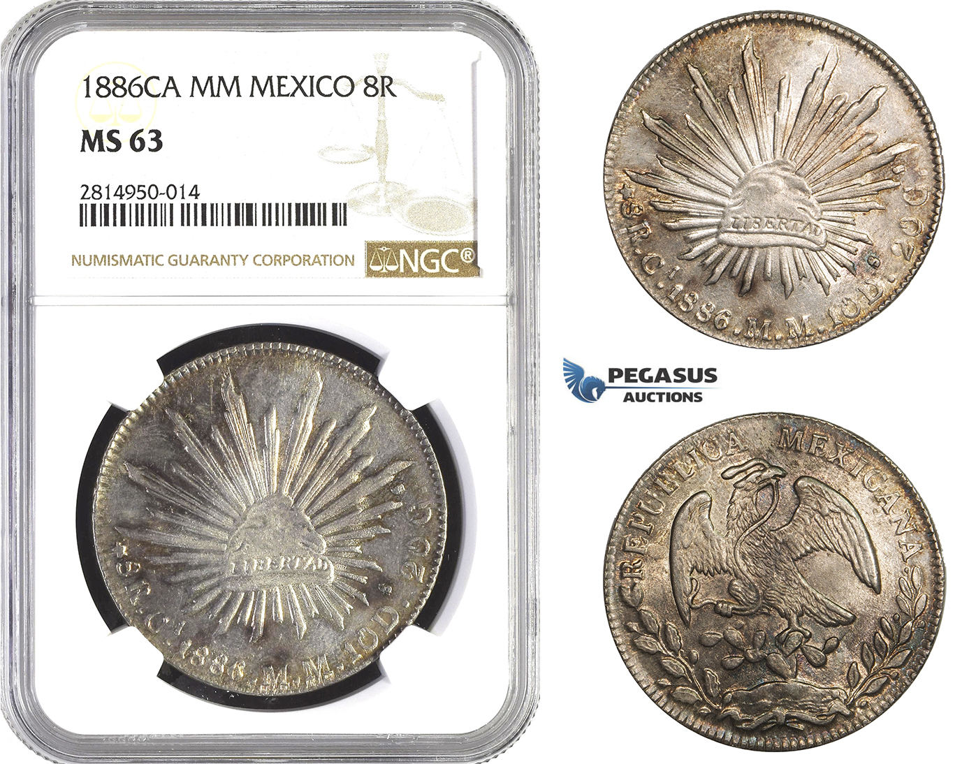 AA698, Mexico, 8 Reales 1886 Ca MM, Chihuahua, Silver, NGC MS63