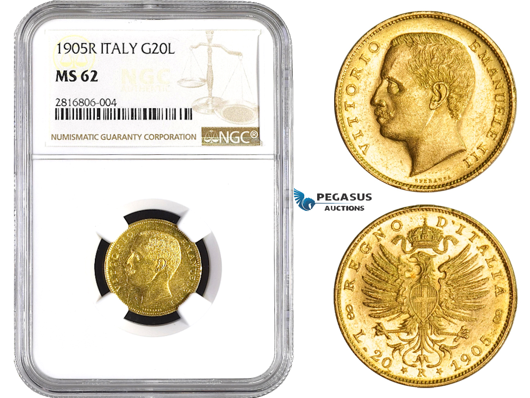 AA823, Italy, Vitt. Emanuele III, 20 Lire 1905-R, Rome, Gold, NGC MS62