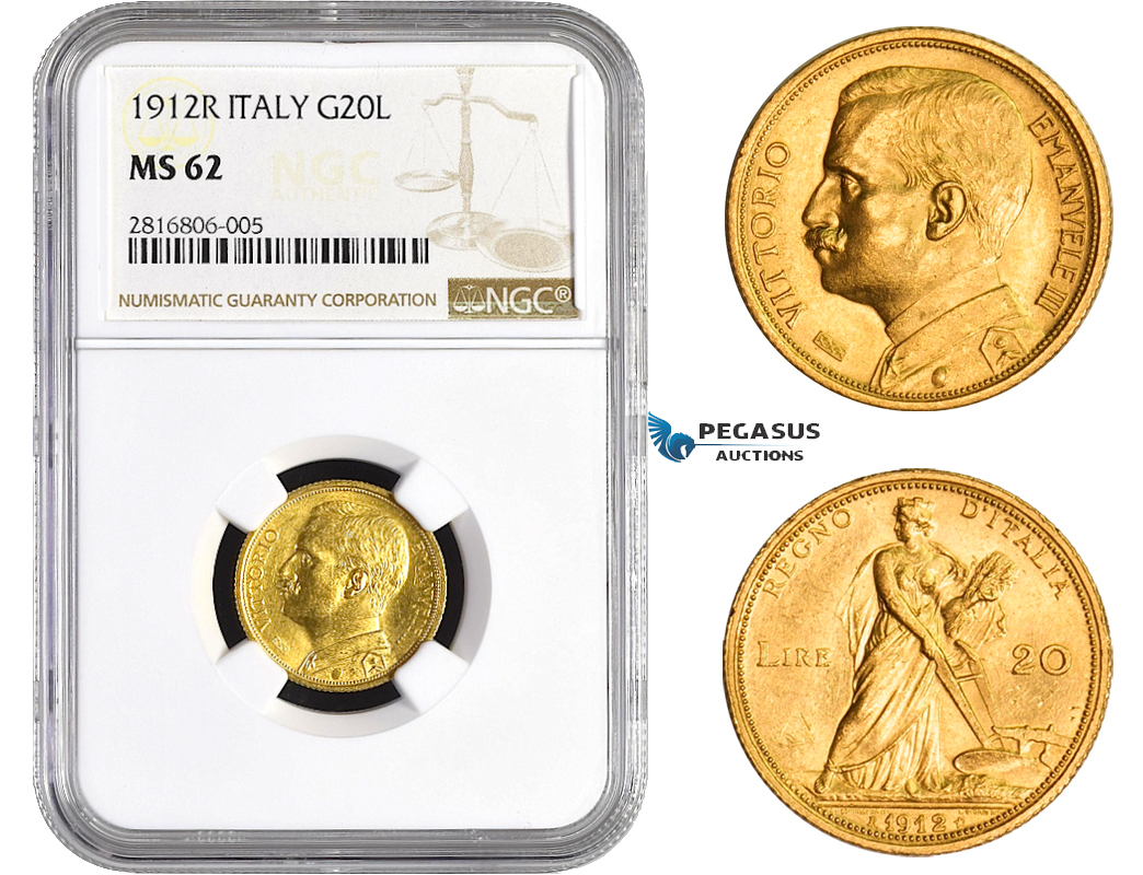AA824, Italy, Vitt. Emanuele III, 20 Lire 1912-R, Rome, Gold, NGC MS62