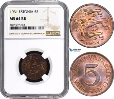 AA827, Estonia, 5 Senti 1931, NGC MS64RB
