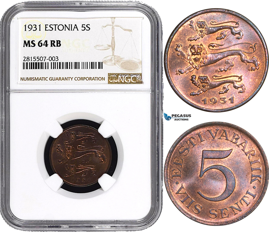 AA827, Estonia, 5 Senti 1931, NGC MS64RB