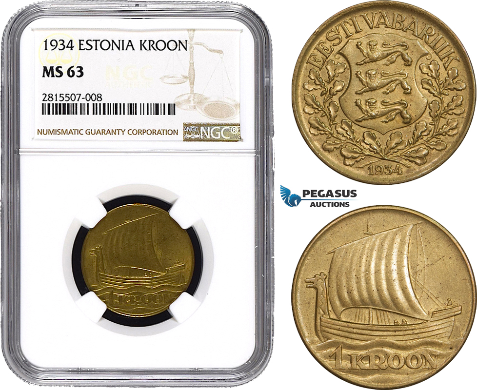 AA832, Estonia, 1 Kroon 1934, NGC MS63