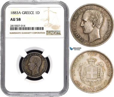 AA838, Greece, George I, 1 Drachma 1883-A, Paris, Silver, NGC AU58