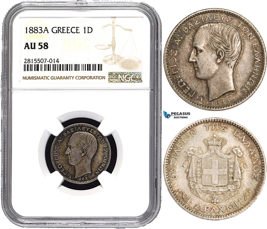 AA838, Greece, George I, 1 Drachma 1883-A, Paris, Silver, NGC AU58