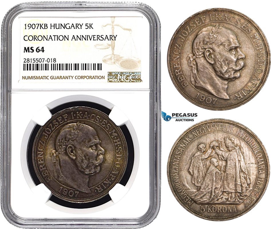 AA842, Hungary, Franz Joseph, 5 Korona 1907-KB, Kremnitz, Silver, NGC MS64 (Coronation Anniversary)