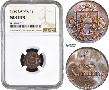 AA845, Latvia, 1 Santims 1926, NGC MS65BN, Pop 8/0