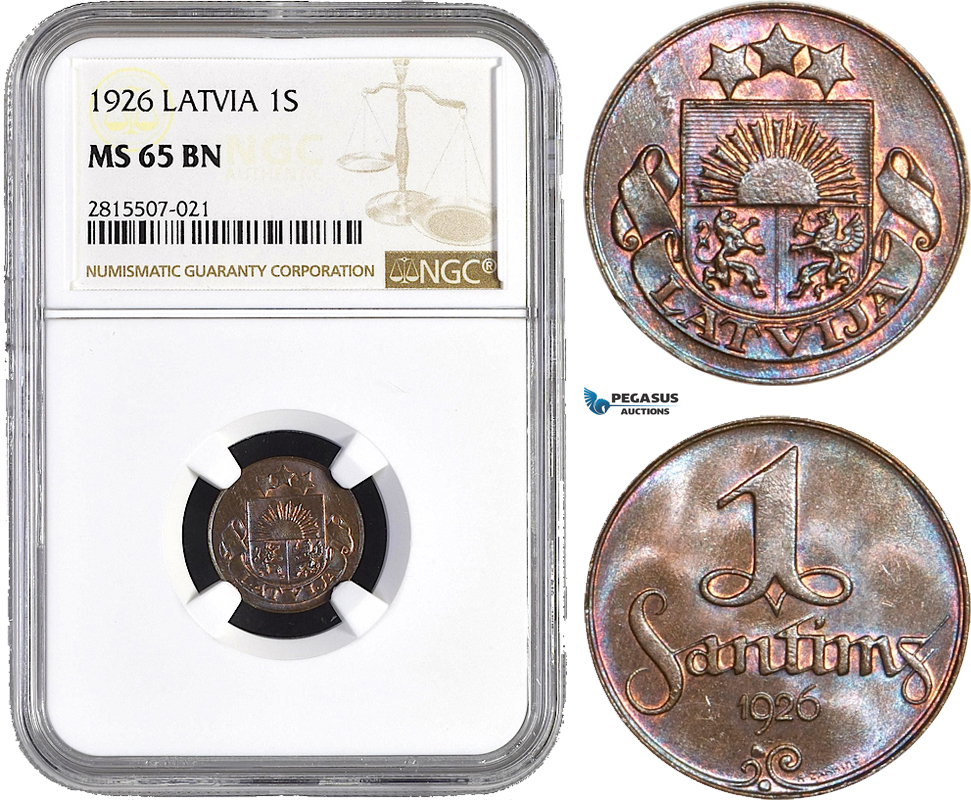 AA845, Latvia, 1 Santims 1926, NGC MS65BN, Pop 8/0