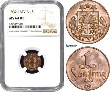 AA846, Latvia, 1 Santims 1932, NGC MS64RB