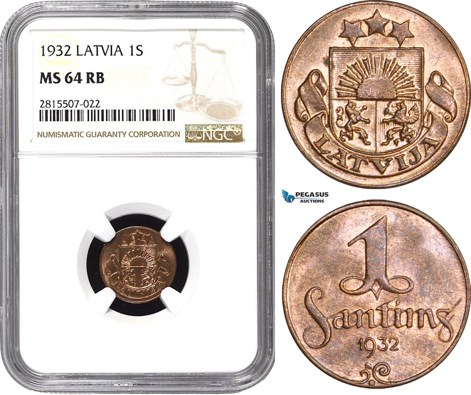 AA846, Latvia, 1 Santims 1932, NGC MS64RB