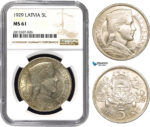 AA850, Latvia, 5 Lati 1929, Silver, NGC MS61