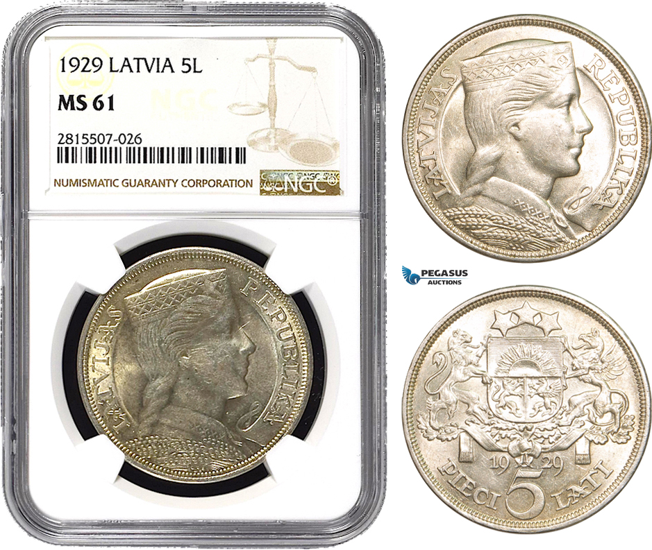 AA850, Latvia, 5 Lati 1929, Silver, NGC MS61