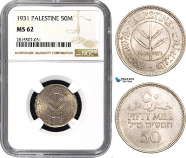 AA855, Palestine, 50 Mils 1931, London, Silver, NGC MS62, Very Rare!