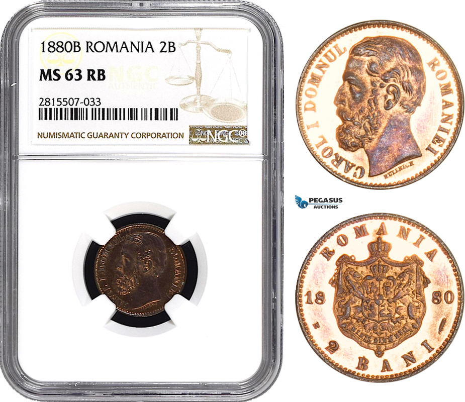 AA858, Romania, Carol I, 2 Bani 1880-B, Bucharest, NGC MS63RB