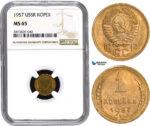 AA866, Russia (USSR) 1 Kopeks 1957, Leningrad, NGC MS65