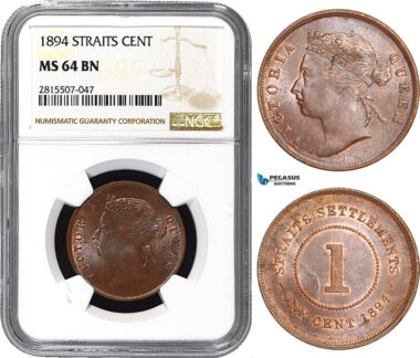 AA871, Straits Settlements, Victoria, 1 Cent 1894, NGC MS64BN, Pop 1/0, Finest! Rare!