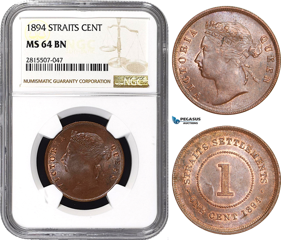 AA871, Straits Settlements, Victoria, 1 Cent 1894, NGC MS64BN, Pop 1/0, Finest! Rare!