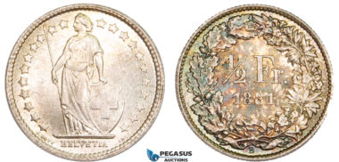 AA895, Switzerland, 1/2 Franc 1881-B, Bern, Silver, Toned UNC