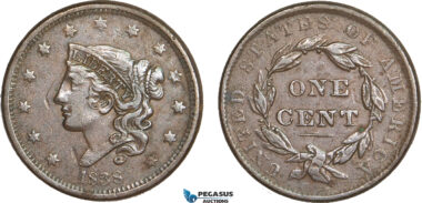 AA907, United States, Coronet Head Cent 1838, Philadelphia, Few marks, XF