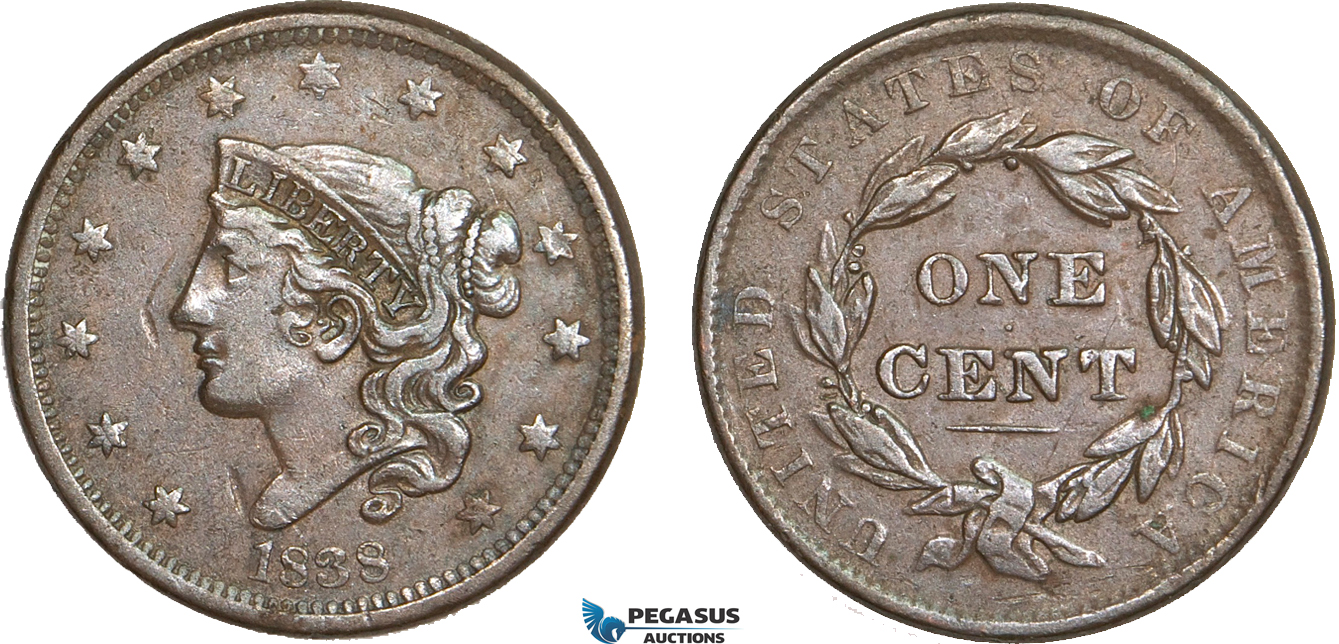 AA907, United States, Coronet Head Cent 1838, Philadelphia, Few marks, XF