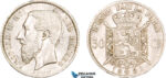 AA913, Belgium, Leopold II, 50 Centimes 1881, Brussels, Silver, Minor edge nick, XF