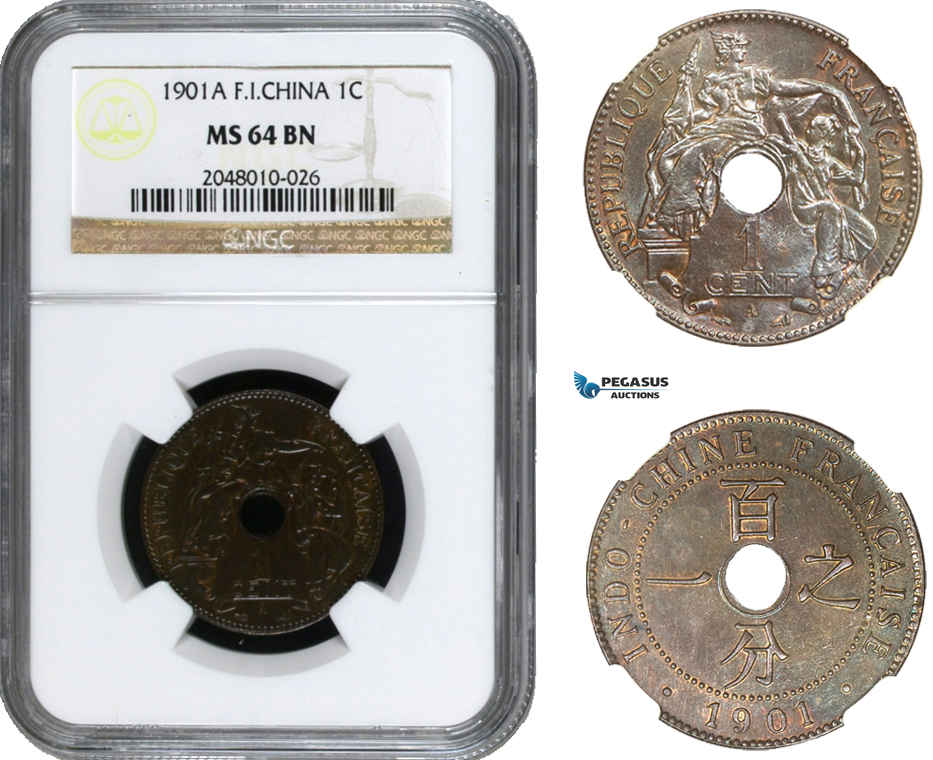 AA937, French Indo-China, 1 Centime 1901-A, Paris, NGC MS64BN