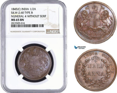 AA944, India (EIC) 1/2 Anna 1845 (C) Calcutta, S&W 2.60, Type B, Num. 4 With. Serif, NGC MS65BN, Top Pop!