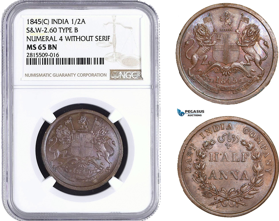 AA944, India (EIC) 1/2 Anna 1845 (C) Calcutta, S&W 2.60, Type B, Num. 4 With. Serif, NGC MS65BN, Top Pop!