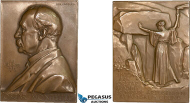 AA986, Sweden, Bronze Art Nouveau Plaque Medal 1913 (63x48mm, 89g) by Lindberg, Oscar Montelius, Archeologist