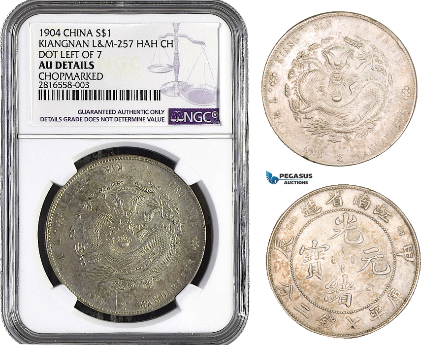 AB014, China Kiangnan, Dollar 1904, Silver, L&M 257 HAH CH, NGC AU Det. "Chopmark"