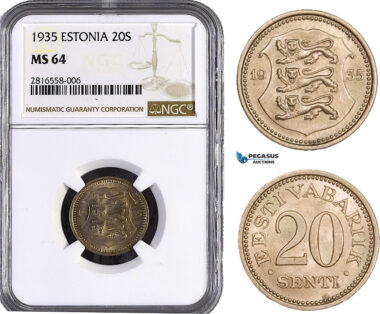 AB018, Estonia, 20 Senti 1935, NGC MS64